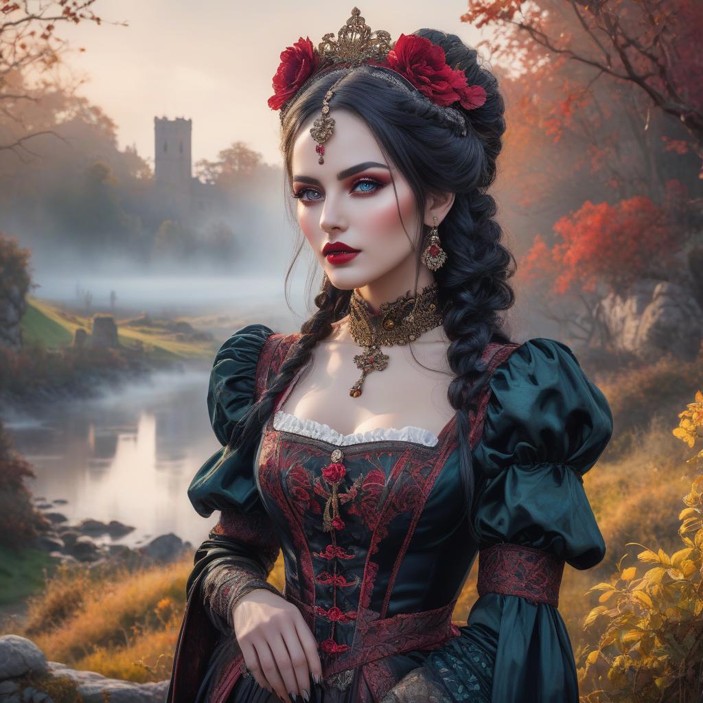  gothic style Portrait in watercolor style of a woman with detailed facial features and expressive eyes, wearing a vibrant, traditional costume. The art piece combines fantasy elements with realism, featuring a countryside scenery in the background. The artwork showcases post impressionist colorism and a soft, velvety texture. . dark, mysterious, haunting, dramatic, ornate, detailed hyperrealistic, full body, detailed clothing, highly detailed, cinematic lighting, stunningly beautiful, intricate, sharp focus, f/1. 8, 85mm, (centered image composition), (professionally color graded), ((bright soft diffused light)), volumetric fog, trending on instagram, trending on tumblr, HDR 4K, 8K