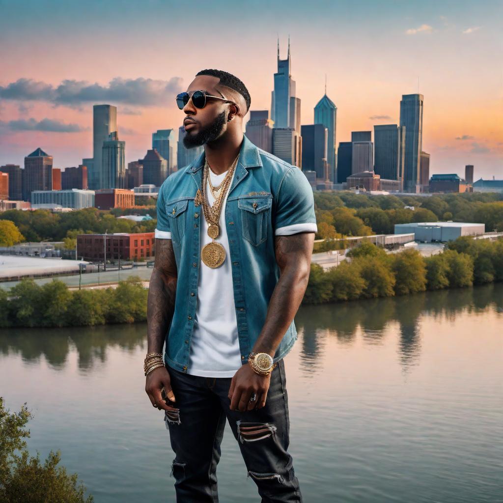  A music artist named Brabo Gator, reflecting on his journey. He is standing on a stage with a microphone, dressed in casual Southern attire, blending elements of rap, country, rock, and blues. The background shows a Southern skyline with hints of Nashville's iconic music venues. Surround him with symbols of struggles and triumphs such as images representing addiction, family, and redemption. There might be a mix of fans and collaborators like Struggle Jennings and Jelly Roll. The overall mood should be raw, emotional, and authentic, capturing personal and societal struggles as well as his success and influence. hyperrealistic, full body, detailed clothing, highly detailed, cinematic lighting, stunningly beautiful, intricate, sharp focus, f/1. 8, 85mm, (centered image composition), (professionally color graded), ((bright soft diffused light)), volumetric fog, trending on instagram, trending on tumblr, HDR 4K, 8K