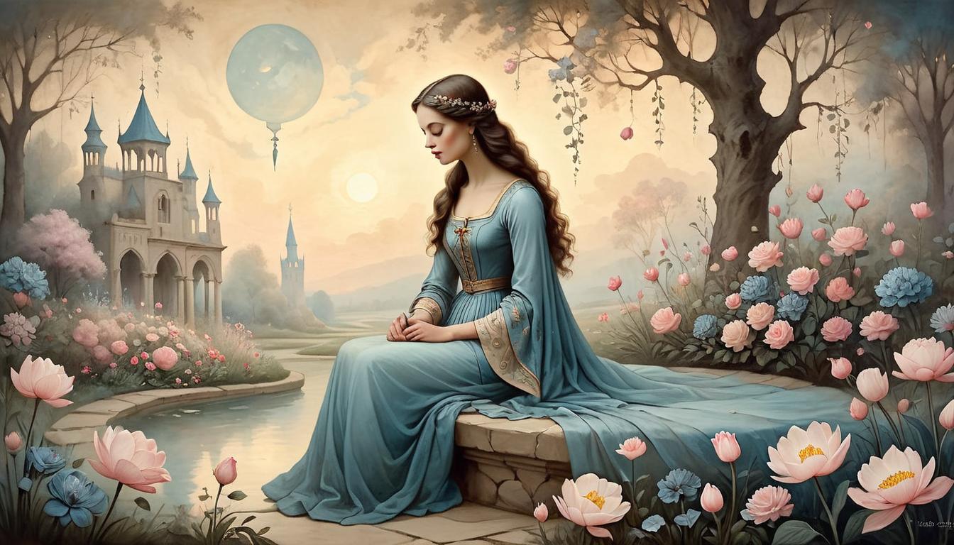  on parchment, surrealism+++, serene garden under twilight, figure sitting calmly, soft glow surrounding, petals gently falling, tranquility, clarity(mysterious, provocative, symbolic,muted color)+++