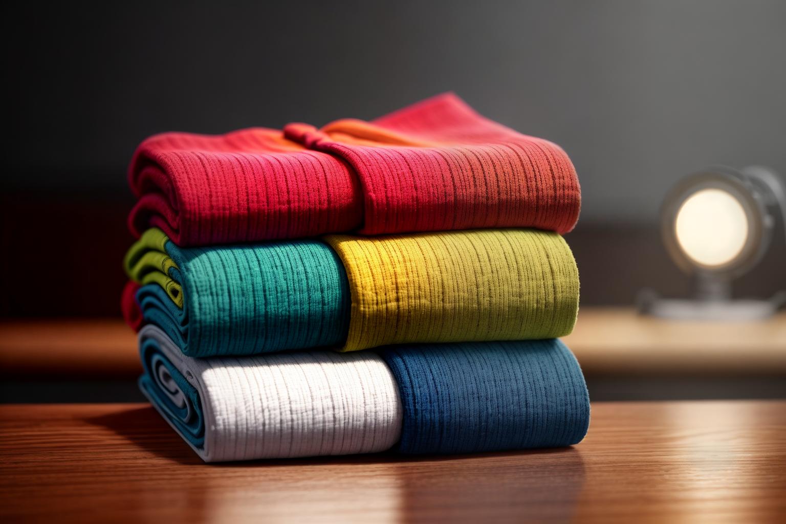  "Closeup of a stylish, folded stack of various colorful clothes on a wooden table, showcasing different textures and fabrics. The background is a softly blurred, modern retail store interior with warm lighting, highlighting the clothes without distraction. The image is detailed and realistic, with high quality textures and vibrant colors. The mood is inviting and exciting, emphasizing the clearance sale's appeal. Style modifiers: ultra realistic, high definition, professional lighting, and shallow depth of field."Ensure no face,leg,hand or eye defomities.Ensure all images are clear, detailed, contains no text and no deformities. realistic, highly detailed, photorealistic, cinematic lighting, intricate, sharp focus, f/1.8, 85mm, (centered im hyperrealistic, full body, detailed clothing, highly detailed, cinematic lighting, stunningly beautiful, intricate, sharp focus, f/1. 8, 85mm, (centered image composition), (professionally color graded), ((bright soft diffused light)), volumetric fog, trending on instagram, trending on tumblr, HDR 4K, 8K