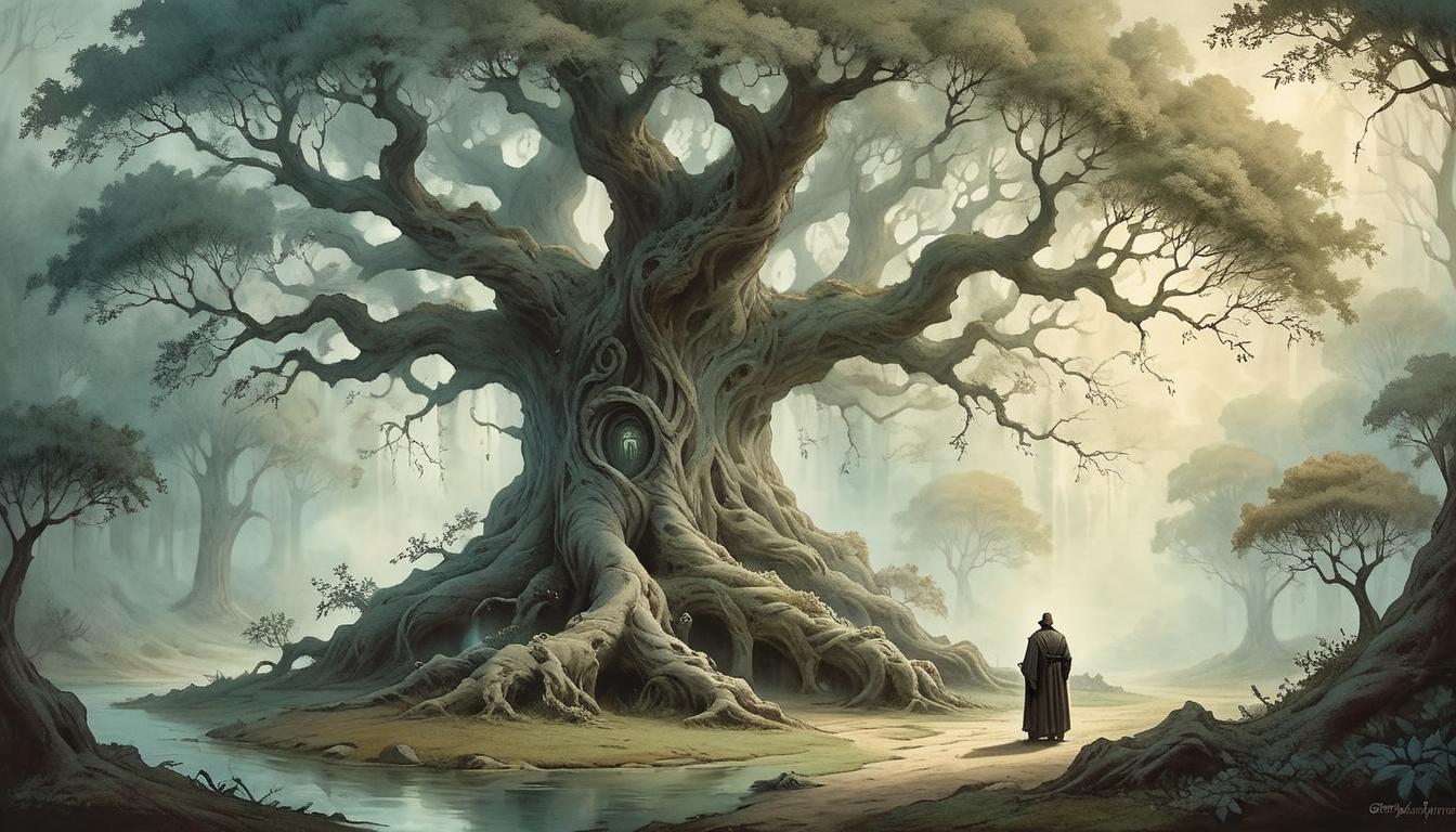  on parchment, surrealism+++, A solitary figure seated beneath an ancient, twisted tree, soft luminescence, ethereal light filtering through leaves, stillness, serenity(mysterious, provocative, symbolic,muted color)+++