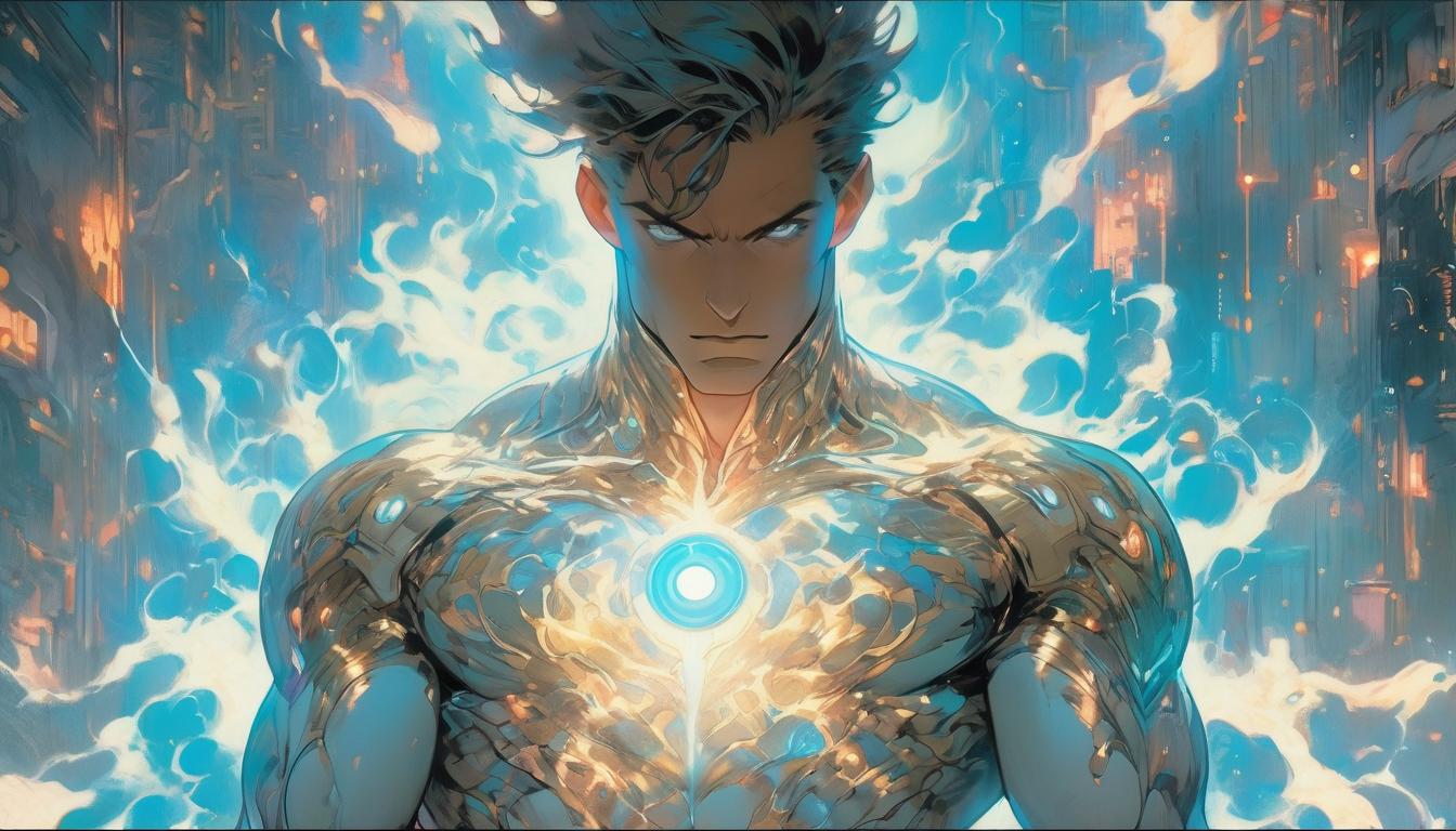  hyperrealism,fantasy aestheticBright, glowing figure encased in ethereal light, celestial symbols surrounding and connecting, infinite knowledge, transcendent, high tech clothing clad in sleek, futuristic costume with metallic accents and form fitting designs, marvel superhero comics style, unreal engine rendering