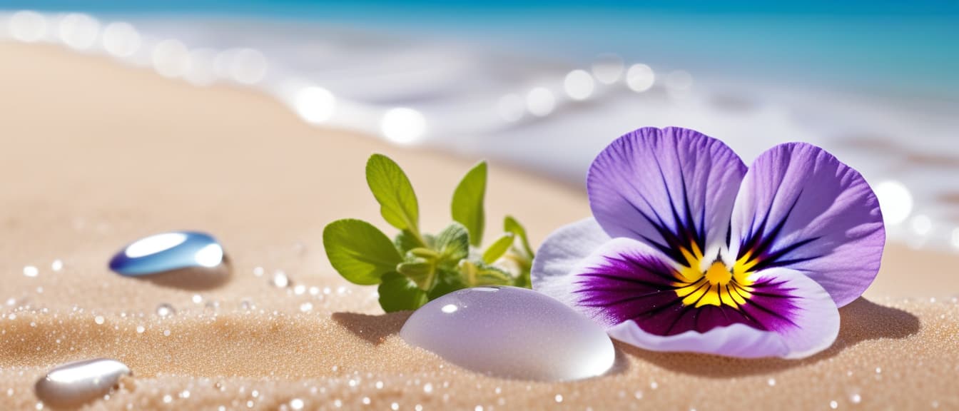  Macro Photography, Beach summer panoramic background with Pansy flower on the cristal sand and glory water, close up, macro 100mm, macro photography