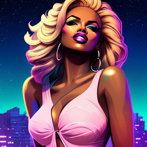 nvinkpunk A very gorgeous young African American woman, looks like Marilyn Monroe, very detailed face, very long hair, curvy body, wearing jeans and a half cut off hoodie, standing on beach,on luxictorious Island, at night 🌃 , very well lite , full moon 🌕, stars and aria in the sky, ✨, surrealism, hyperrealism, barbie, mafia, carnival, christmas, halloween, cyberpunk, caricature, digital art, neon, pop art, oil painting hyperrealistic, full body, detailed clothing, highly detailed, cinematic lighting, stunningly beautiful, intricate, sharp focus, f/1. 8, 85mm, (centered image composition), (professionally color graded), ((bright soft diffused light)), volumetric fog, trending on instagram, trending on tumblr, HDR 4K, 8K