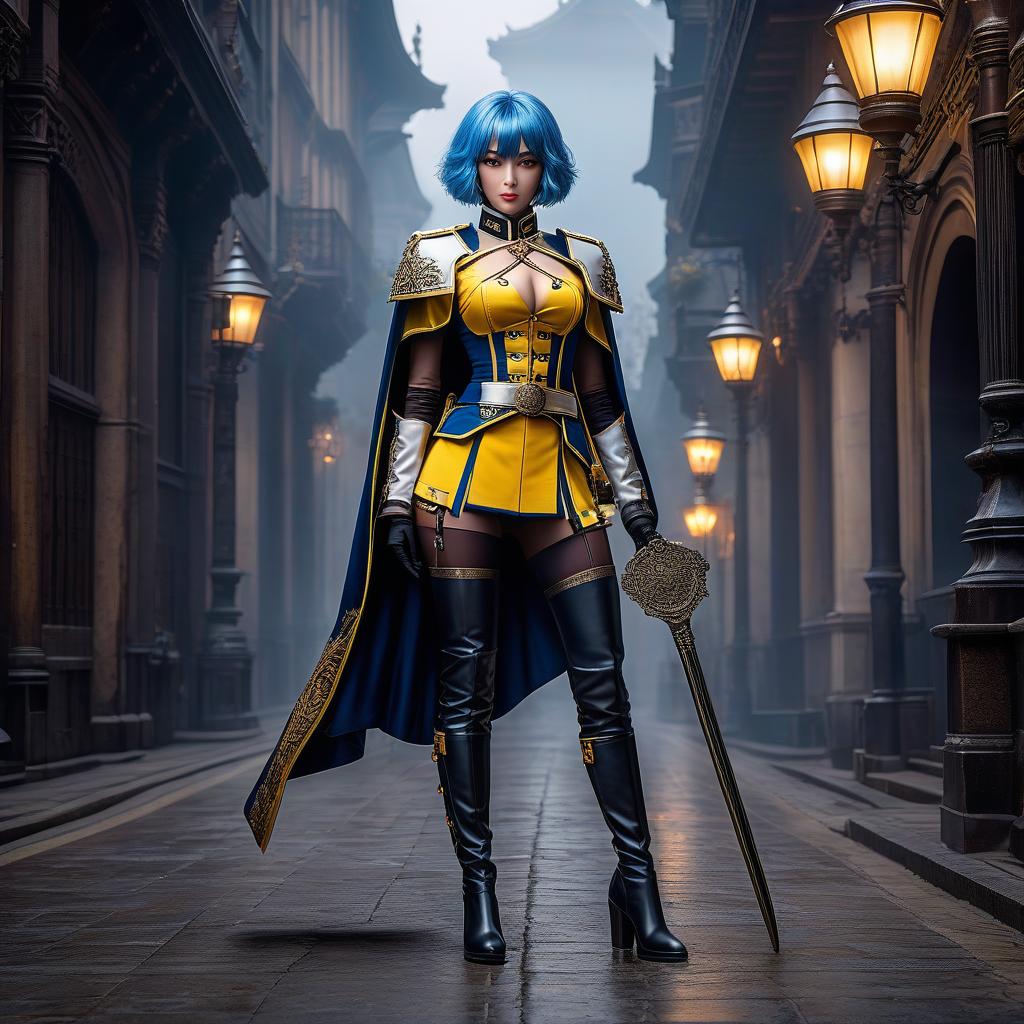  Girl, paladin, ((full body)), dark skin, blue hair, bob cut, bright yellow eyes, hourglass figure, fully clothed, military uniform, (19th century ceremonial uniform), white clothes, white cloak, ((leggings )), black boots, over the knee boots, thigh high boots, tight boots, (shako), belt, choker, epaulettes, awards, (epic pose), looking at viewer, looking down, evil grin, (extremely hyper detailed face), (masterpiece : 1.4), (perfect eyes: 1.1), (perfect hands), 2D, anime, extremely detailed clothes. hyperrealistic, full body, detailed clothing, highly detailed, cinematic lighting, stunningly beautiful, intricate, sharp focus, f/1. 8, 85mm, (centered image composition), (professionally color graded), ((bright soft diffused light)), volumetric fog, trending on instagram, trending on tumblr, HDR 4K, 8K