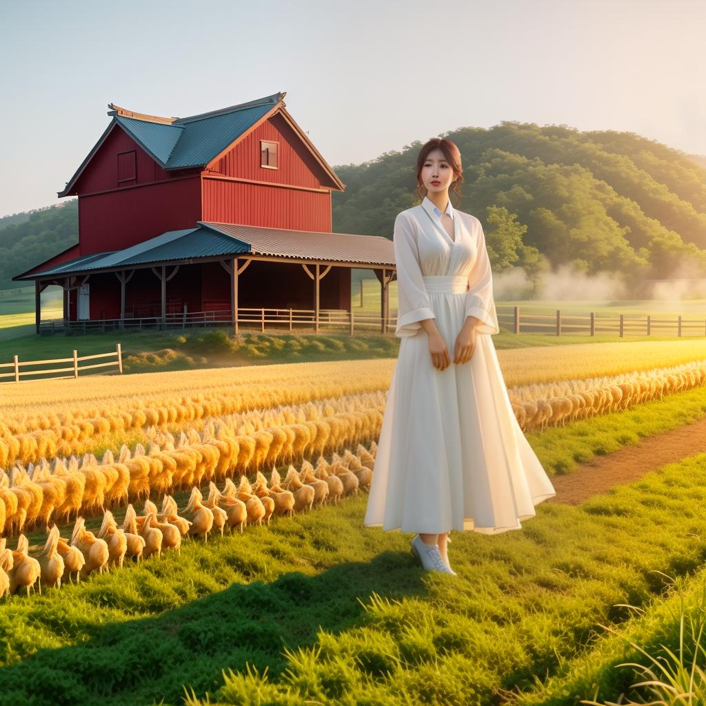  2 korean FARM GIRLS, FARMHOUSE, bulls in Background, Tractor in background, Clean face details hyperrealistic, full body, detailed clothing, highly detailed, cinematic lighting, stunningly beautiful, intricate, sharp focus, f/1. 8, 85mm, (centered image composition), (professionally color graded), ((bright soft diffused light)), volumetric fog, trending on instagram, trending on tumblr, HDR 4K, 8K