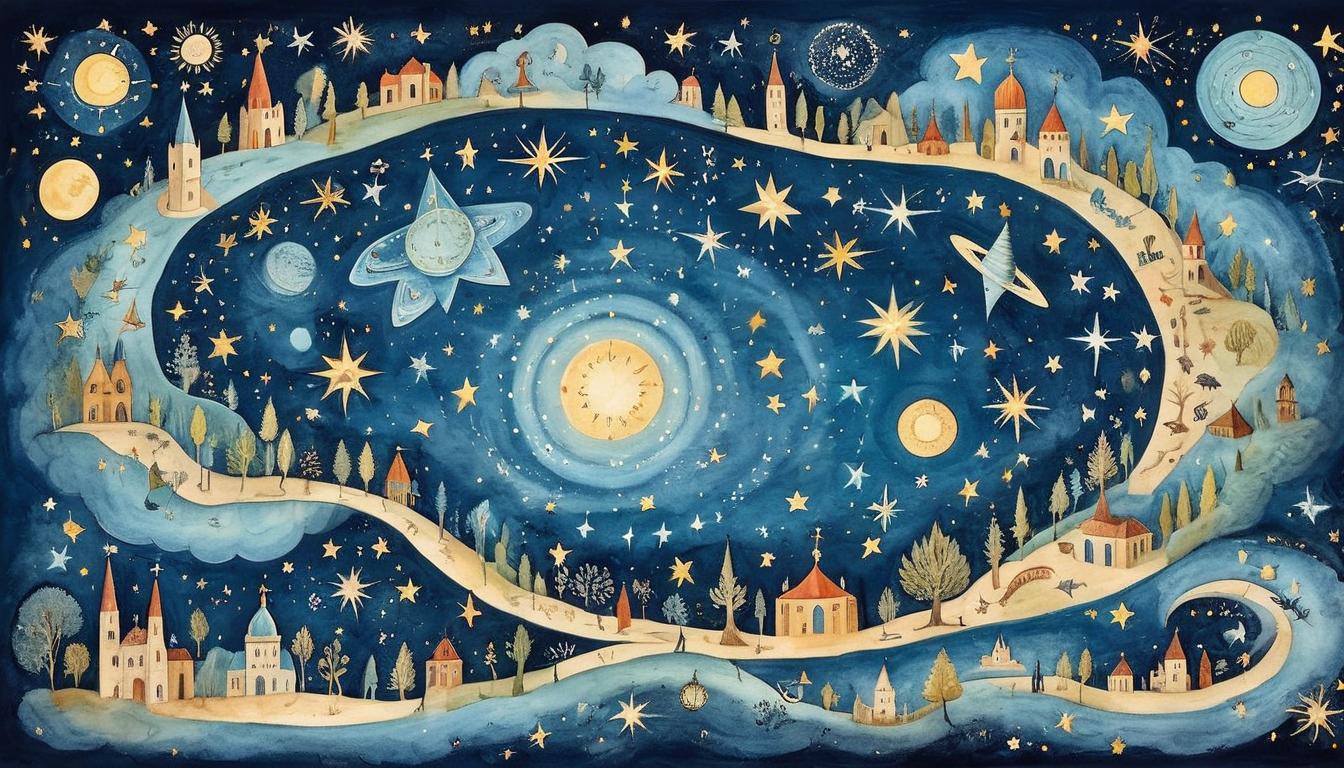  on parchment, surrealism+++, A constellation of stars forming a path in the night sky, each star glowing brightly, celestial symbols interwoven in the starlight, vast and infinite, guiding, mystical, sublime(mysterious, provocative, symbolic,muted color)+++