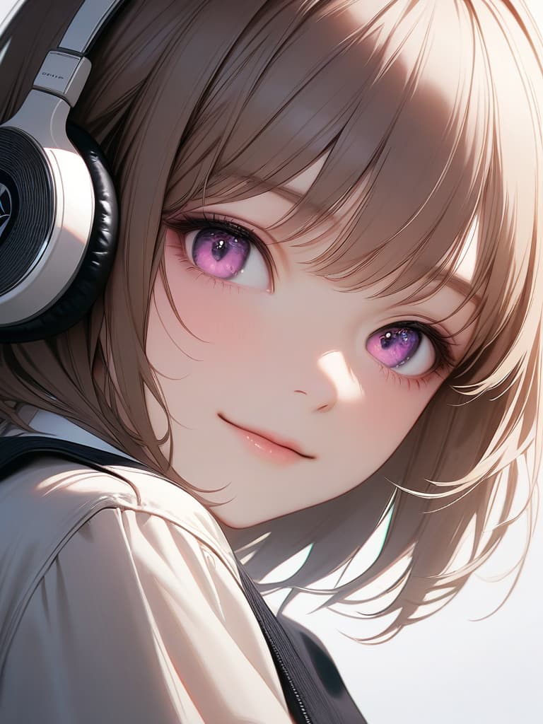  1girl,18yo,green hair,short hair,purple eyes,headphone,summer school uniform,flower's satsuki azalea,light smile,realistic, masterpiece, best quality,8k,ultra detailed,high resolution,an extremely delicate and beautiful,hyper detail