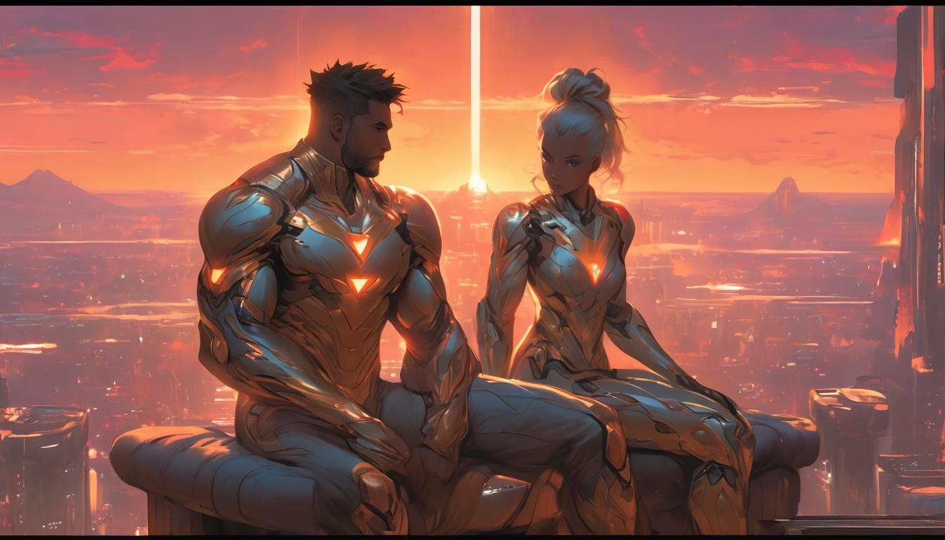  hyperrealism,fantasy aesthetic1man1woman, attractive arian male humanoid and large busted arian female humanoid, sitting on meditation cushions, sunrise in background, mood of peaceful reflection, high tech clothing clad in sleek, futuristic costume with metallic accents and form fitting designs, marvel superhero comics style, unreal engine rendering