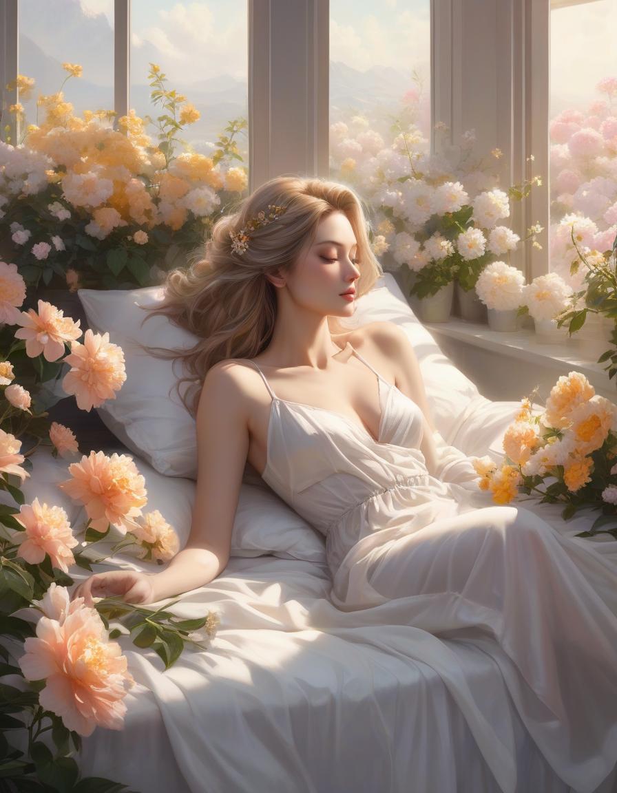  concept art A woman is peacefully asleep amid white sheets and blooming flowers, with soft light streaming through a window. a woman laying on top of a bed next to a window, a photorealistic painting, inspired by Magali Villeneuve, trending on Artstation, fantasy art, girl in a bed of flowers, soft pale golden skin, portrait of a woman sleeping, in the early morning, jingna zhang . digital artwork, illustrative, painterly, matte painting, highly detailed hyperrealistic, full body, detailed clothing, highly detailed, cinematic lighting, stunningly beautiful, intricate, sharp focus, f/1. 8, 85mm, (centered image composition), (professionally color graded), ((bright soft diffused light)), volumetric fog, trending on instagram, trending on tumblr, HDR 4K, 8K