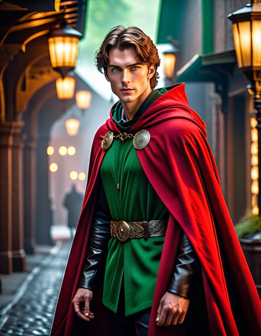  cinematic photo A tall man with brown hair and green eyes. He is wearing a red cloak with a belt at the waist. His chest piece is black and made of iron plates. His trousers are also black. . 35mm photograph, film, bokeh, professional, 4k, highly detailed hyperrealistic, full body, detailed clothing, highly detailed, cinematic lighting, stunningly beautiful, intricate, sharp focus, f/1. 8, 85mm, (centered image composition), (professionally color graded), ((bright soft diffused light)), volumetric fog, trending on instagram, trending on tumblr, HDR 4K, 8K