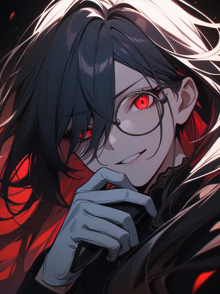  Villan, Monocle, Black Butler, one eye hiding, red eyes, white gloves, red aura, dark background, gun, handsome, cool, masterpiece, best quality,8k,ultra detailed,high resolution,an extremely delicate and beautiful,hyper detail