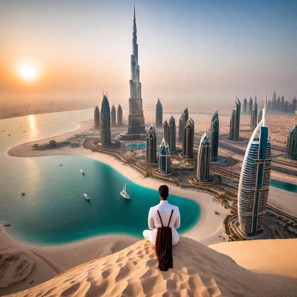  A peaceful scene in Dubai with a person enjoying the view. The scene includes iconic Dubai landmarks such as the Burj Khalifa, the Dubai Marina, and the Palm Jumeirah, with a serene sunset in the background. hyperrealistic, full body, detailed clothing, highly detailed, cinematic lighting, stunningly beautiful, intricate, sharp focus, f/1. 8, 85mm, (centered image composition), (professionally color graded), ((bright soft diffused light)), volumetric fog, trending on instagram, trending on tumblr, HDR 4K, 8K