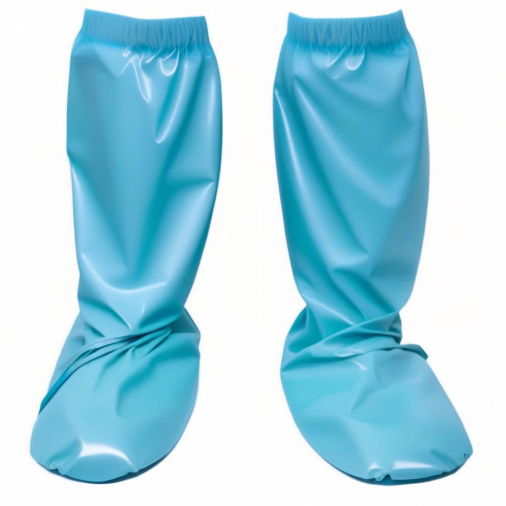  high surgical shoe covers with tape ties look like knee high boots: {The shoe covers secure around the ankle with tape ties and an elastic cuff under the knee}. (the lower part of shoe cover: 1.1) covers the entire foot (from sole to ankle: 1.1) (covered with glossy dark blue latex: 1.1) and (the upper part of shoe cover: 1.1) fits tightly to the calves (from ankle to knee: 1.1) (covered glossy dark green latex: 1.1). hyperrealistic, full body, detailed clothing, highly detailed, cinematic lighting, stunningly beautiful, intricate, sharp focus, f/1. 8, 85mm, (centered image composition), (professionally color graded), ((bright soft diffused light)), volumetric fog, trending on instagram, trending on tumblr, HDR 4K, 8K