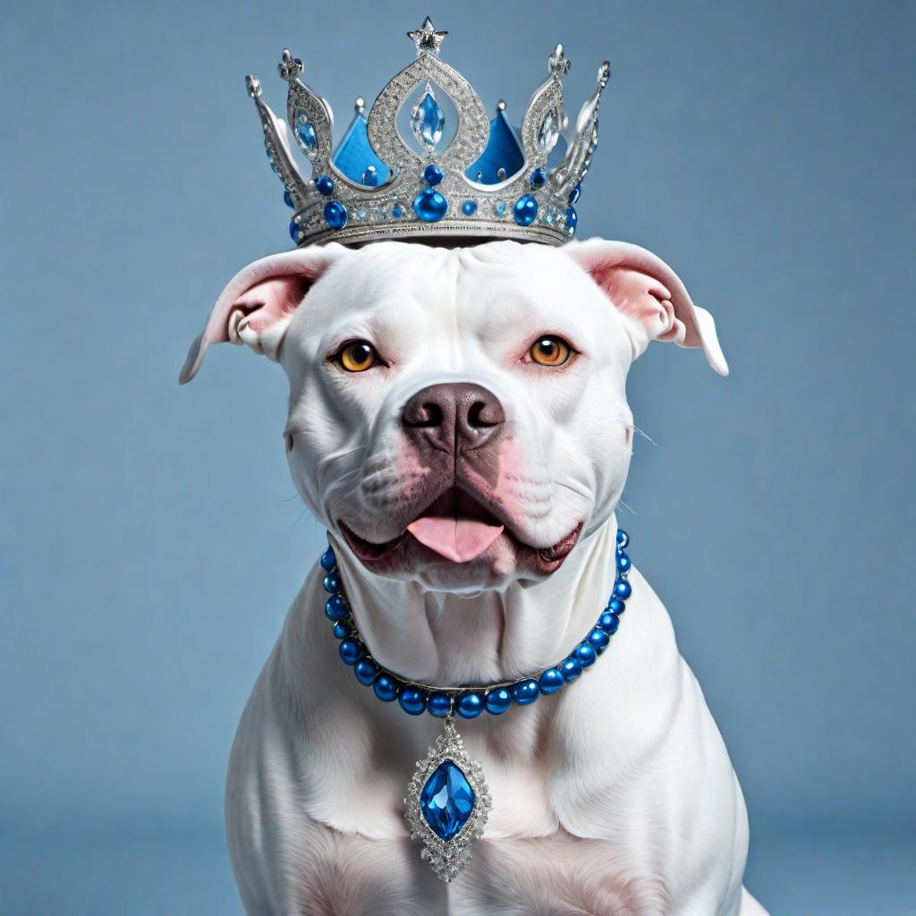  A growling white and blue pit bull wearing a princess crown, highly detailed, realistic style, with a focus on the expression of the dog and the elegance of the crown hyperrealistic, full body, detailed clothing, highly detailed, cinematic lighting, stunningly beautiful, intricate, sharp focus, f/1. 8, 85mm, (centered image composition), (professionally color graded), ((bright soft diffused light)), volumetric fog, trending on instagram, trending on tumblr, HDR 4K, 8K