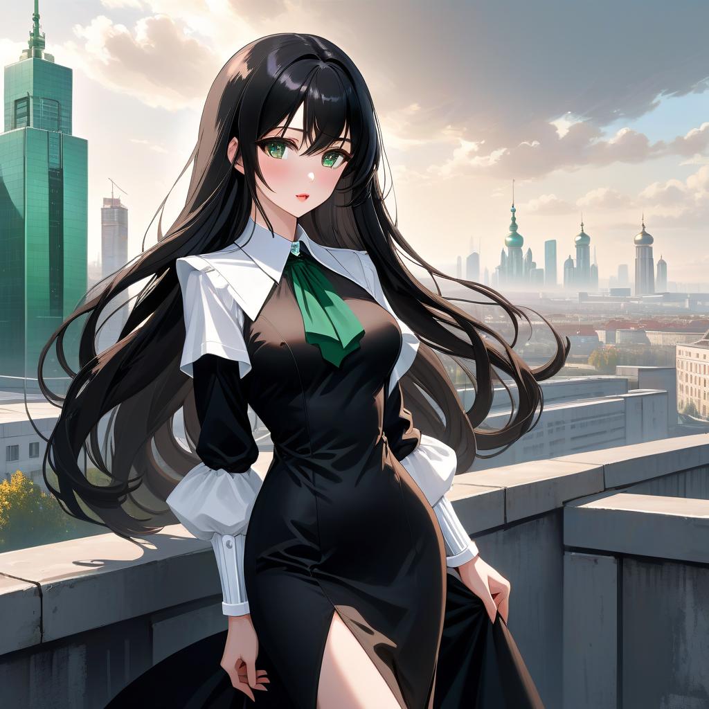  anime artwork beautiful , , white skinned, European, brown eyes, long brown straight hair, slender figure, small neat s, dressed in a black dress with a white collar and white cuffs, full length, against the backdrop of a modern city. Skyscrs of Moscow City (photorealism, oil painting: 1.3), (full length shot: 1.3), charming , long flowing black hair, (large sensual mouth: 1.2), plump lips, sparkling emerald eyes , narrow waist, (sensual drawing: 1.2), silvery glow, ethereal aura, detailed brushwork, intricate shadows and highlights, mysterious and captivating expression, unique color palette, masterful use of light and shadow, captivating atmosphere, pure emotion, intense gaze, dynamic composition. . an hyperrealistic, full body, detailed clothing, highly detailed, cinematic lighting, stunningly beautiful, intricate, sharp focus, f/1. 8, 85mm, (centered image composition), (professionally color graded), ((bright soft diffused light)), volumetric fog, trending on instagram, trending on tumblr, HDR 4K, 8K