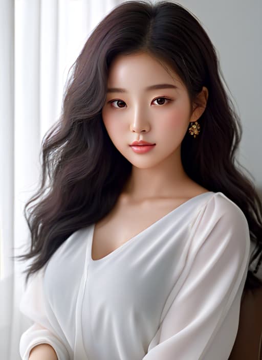  masterpiece, best quality, A Korean girl with a layered perm hairstyle, showcasing her long and vibrant locks, sits in front of a soft, light gray background. Her features are elegantly displayed from the front view, with a subtle focus on the intricate details of her perm and the delightful texture of her hair. Her soft, calm facial features convey a sense of quiet contemplation, with a slight hint of a relaxed and peaceful demeanor. Her skin tone is smooth and even, with a subtle sheen from the soft lighting. The overall mood is one of serenity and tranquility, inviting the viewer to step into her peaceful world. She wears a white shirt.