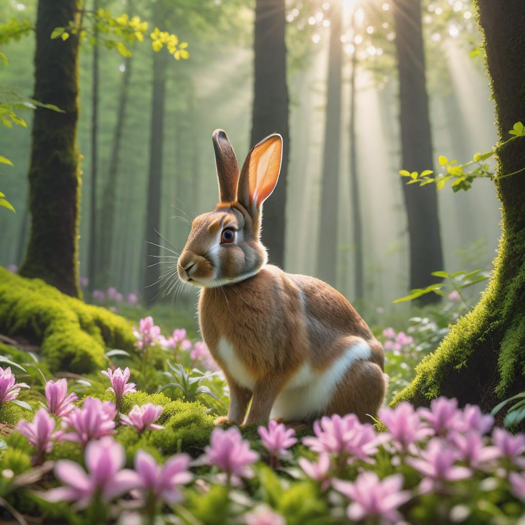  close up photo of a rabbit, forest in spring, haze, halation, bloom, dramatic atmosphere, centred, rule of thirds, 200mm 1.4f macro shot hyperrealistic, full body, detailed clothing, highly detailed, cinematic lighting, stunningly beautiful, intricate, sharp focus, f/1. 8, 85mm, (centered image composition), (professionally color graded), ((bright soft diffused light)), volumetric fog, trending on instagram, trending on tumblr, HDR 4K, 8K