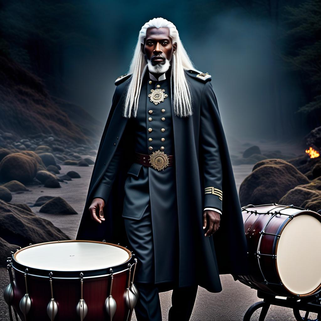  lovecraftian horror A black skinned soldier in a coat, with two drums on a cart, a light beard, and long white hair grown out. . eldritch, cosmic horror, unknown, mysterious, surreal, highly detailed hyperrealistic, full body, detailed clothing, highly detailed, cinematic lighting, stunningly beautiful, intricate, sharp focus, f/1. 8, 85mm, (centered image composition), (professionally color graded), ((bright soft diffused light)), volumetric fog, trending on instagram, trending on tumblr, HDR 4K, 8K