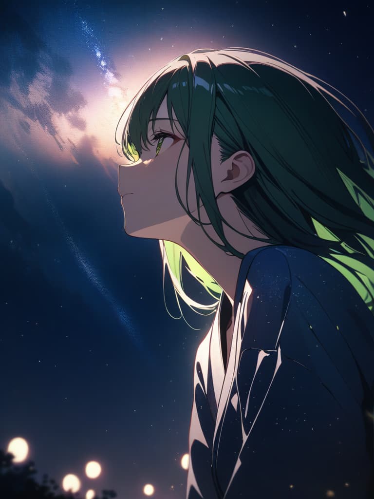  solo,from below,green hair,Yukata,(Milky Way:1.2),Looking up at the sky,Light of fireflies,light particles,{{Night}},, masterpiece, best quality,8k,ultra detailed,high resolution,an extremely delicate and beautiful,hyper detail