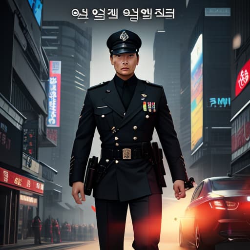  I want a novel cover about a Korean man who works as a policeman during the day and as the leader of a secret organization at night. hyperrealistic, full body, detailed clothing, highly detailed, cinematic lighting, stunningly beautiful, intricate, sharp focus, f/1. 8, 85mm, (centered image composition), (professionally color graded), ((bright soft diffused light)), volumetric fog, trending on instagram, trending on tumblr, HDR 4K, 8K