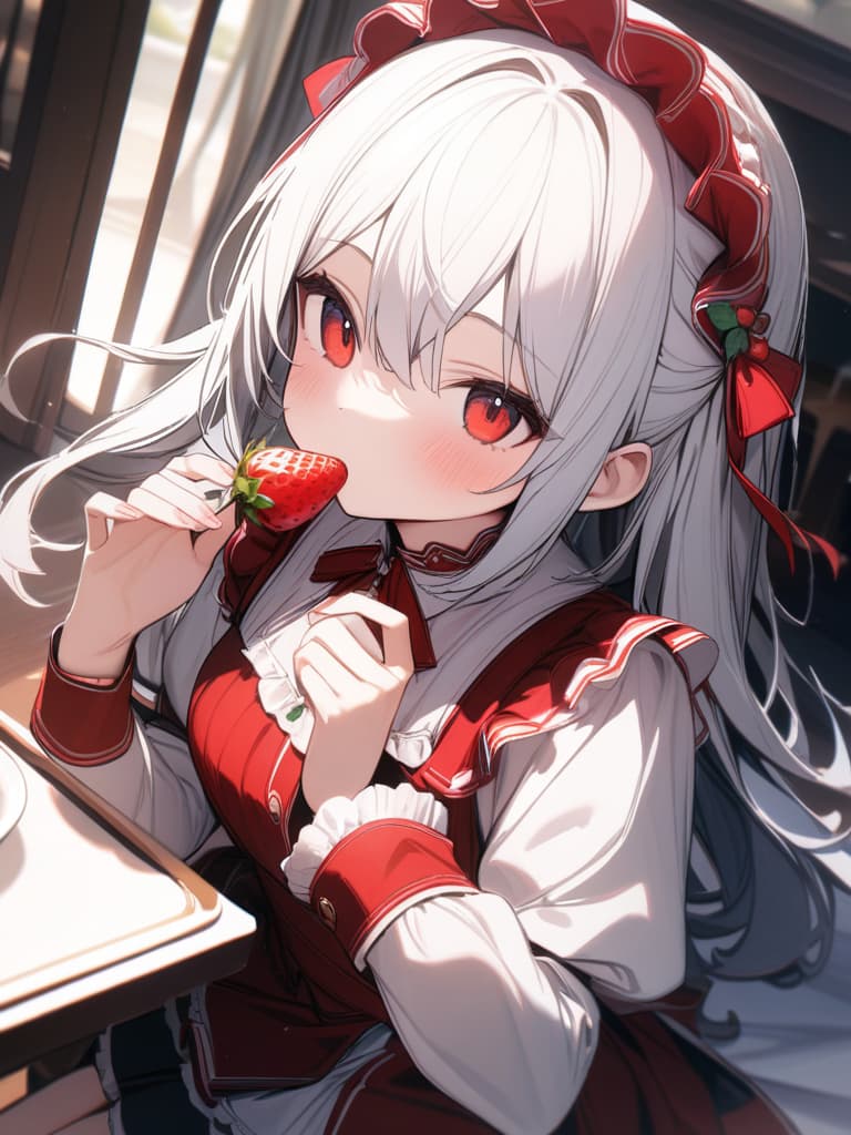  Cute, young face, red eyes, white hair, strawberry hair ornaments, half twin, fluffy hair, white and strawberry dresses, maid clothes, strawberry eating, sitting, masterpiece, best quality,8k,ultra detailed,high resolution,an extremely delicate and beautiful,hyper detail