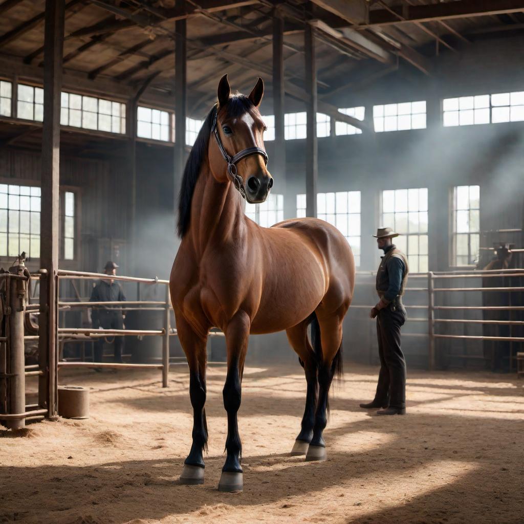  A realistic scene depicting a horse standing calmly, wearing a muzzle, waiting to be stunned by a captive bolt gun. The environment is controlled and sterile, with trained professionals present to ensure the humane treatment of the animal. The captive bolt gun is ready and positioned, highlighting the seriousness and responsibility of the moment. hyperrealistic, full body, detailed clothing, highly detailed, cinematic lighting, stunningly beautiful, intricate, sharp focus, f/1. 8, 85mm, (centered image composition), (professionally color graded), ((bright soft diffused light)), volumetric fog, trending on instagram, trending on tumblr, HDR 4K, 8K