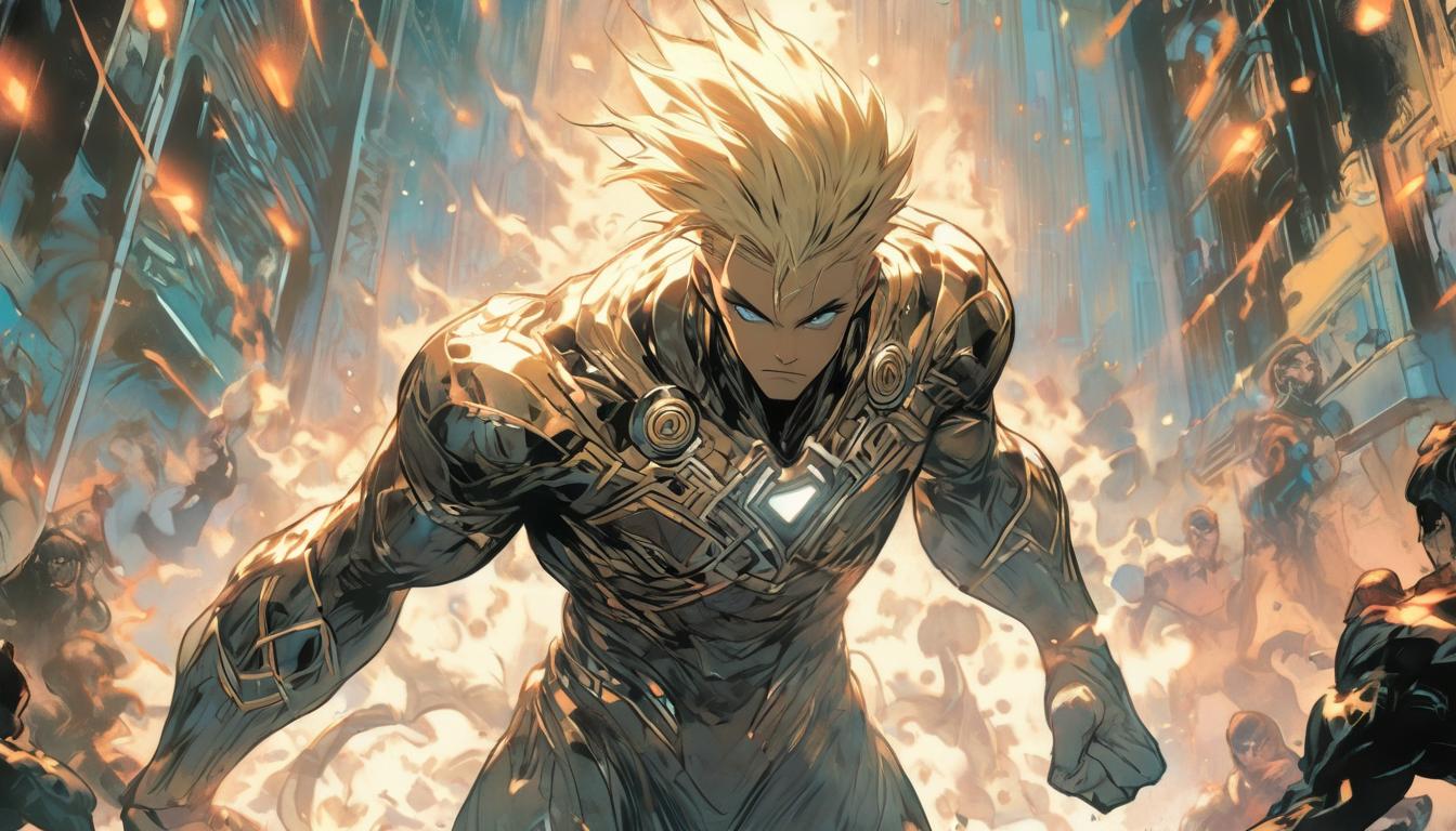  hyperrealism,fantasy aesthetic1man, handsome large busted blonde arian male humanoid, complex labyrinth, path to higher consciousness, vigilance required, high tech clothing clad in sleek, futuristic costume with metallic accents and form fitting designs, marvel superhero comics style, unreal engine rendering