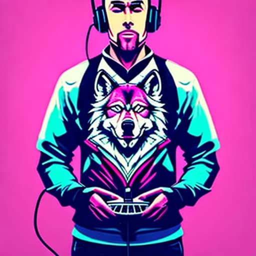  street gangster wolf wearing headphones an in front of DJ decks in a neon graffitied alley in PrintDesign style