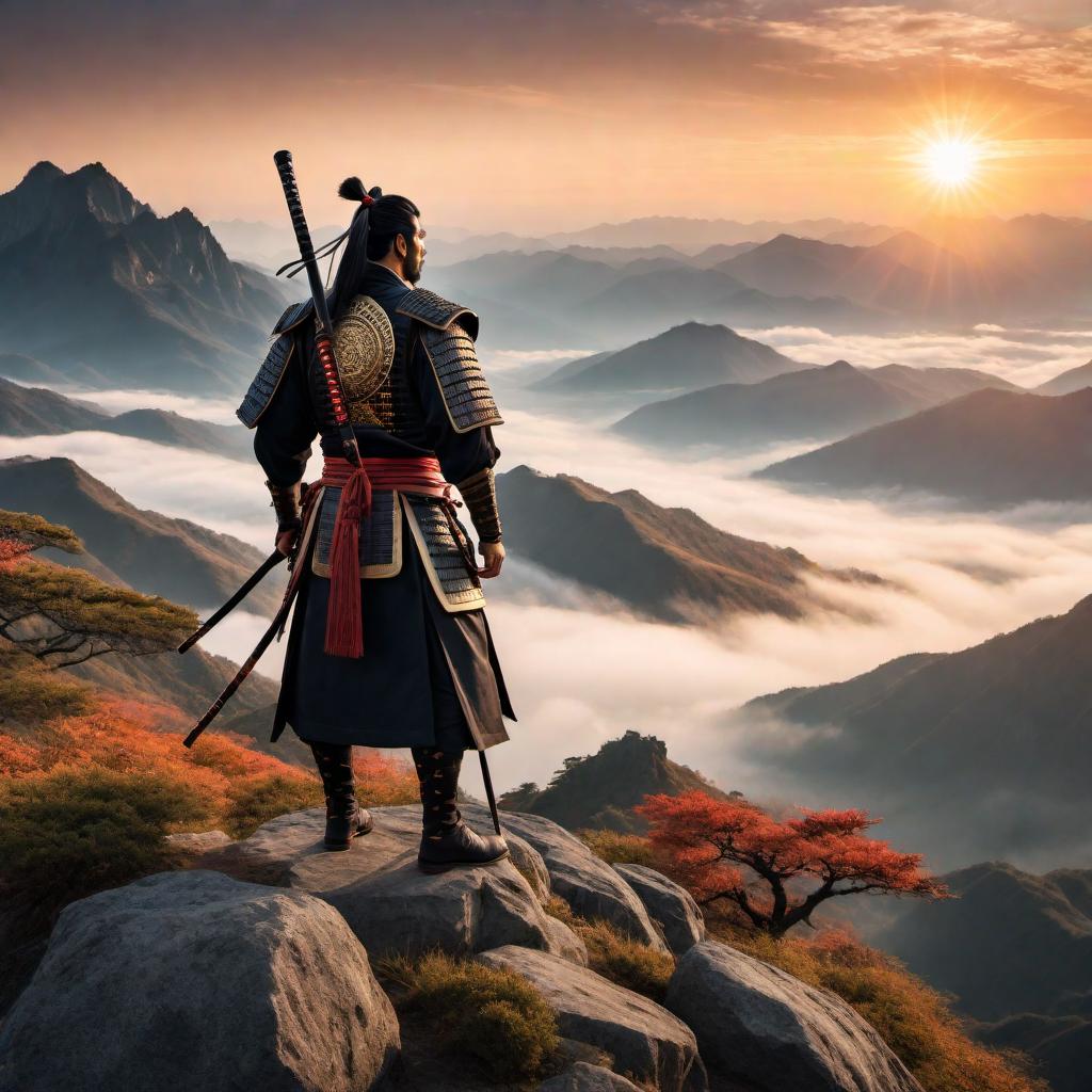  A samurai standing on top of a mountain, overlooking a breathtaking landscape with the sun setting in the background. hyperrealistic, full body, detailed clothing, highly detailed, cinematic lighting, stunningly beautiful, intricate, sharp focus, f/1. 8, 85mm, (centered image composition), (professionally color graded), ((bright soft diffused light)), volumetric fog, trending on instagram, trending on tumblr, HDR 4K, 8K