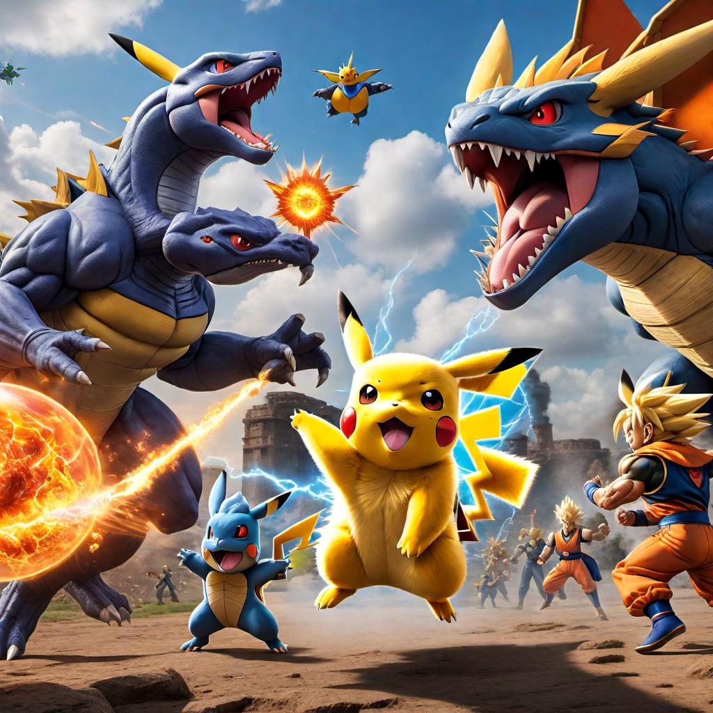  Epic battle scene where Pokémon characters are fighting Dragon Ball characters. Pikachu is using its electric attack against Goku in his Super Saiyan form, Charizard is breathing fire at Vegeta, and Blastoise is launching water cannons at Piccolo. The background is a dramatic and colorful battlefield with energy blasts and intense action. hyperrealistic, full body, detailed clothing, highly detailed, cinematic lighting, stunningly beautiful, intricate, sharp focus, f/1. 8, 85mm, (centered image composition), (professionally color graded), ((bright soft diffused light)), volumetric fog, trending on instagram, trending on tumblr, HDR 4K, 8K