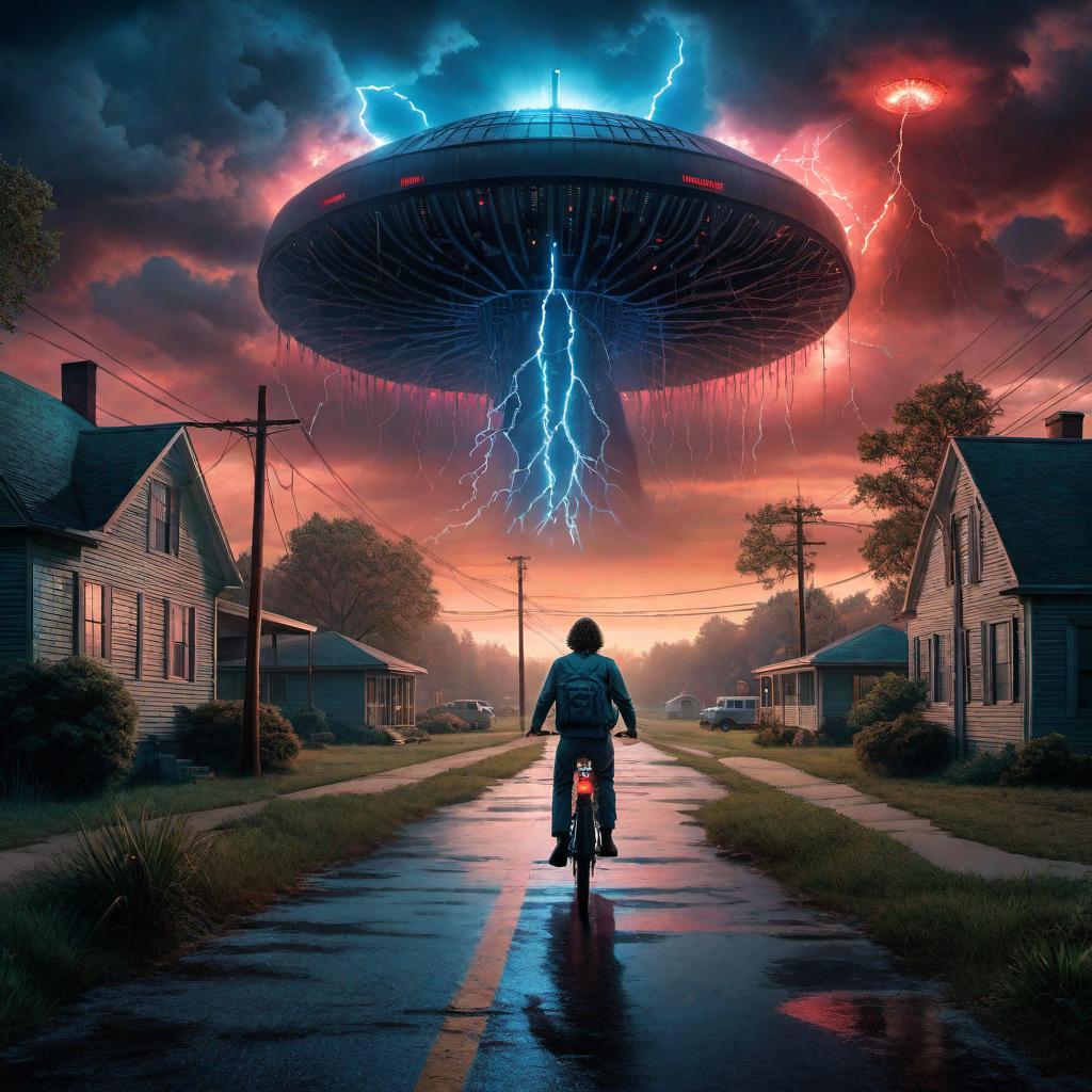  A unique drawing of Stranger Things. Show the eerie small town of Hawkins under a dark, stormy sky. The Upside Down should be mirroring the town below it with its creepy and twisted landscape. The main characters like Eleven, Mike, Dustin, and Lucas in the foreground, looking determined with flashlights and walkie-talkies. In the background, show the Hawkins National Laboratory and the Demogorgon lurking in the shadows. Use a vintage, 80s-inspired color palette and style. hyperrealistic, full body, detailed clothing, highly detailed, cinematic lighting, stunningly beautiful, intricate, sharp focus, f/1. 8, 85mm, (centered image composition), (professionally color graded), ((bright soft diffused light)), volumetric fog, trending on instagram, trending on tumblr, HDR 4K, 8K