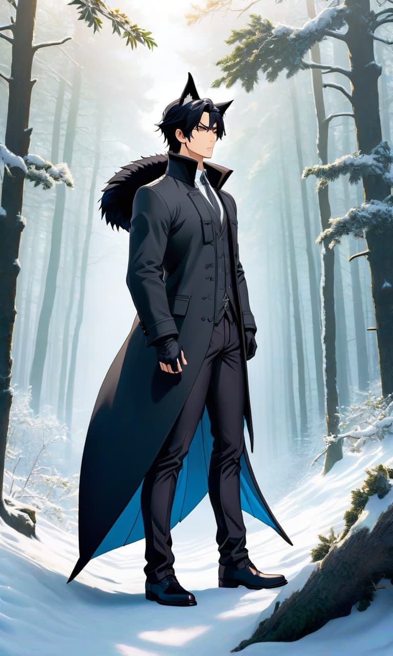  anime artwork A man with black hair, black wolfish ears and a black wolfish tail of a sturdy built against a backdrop of a wintry forest. . anime style, key visual, vibrant, studio anime, highly detailed hyperrealistic, full body, detailed clothing, highly detailed, cinematic lighting, stunningly beautiful, intricate, sharp focus, f/1. 8, 85mm, (centered image composition), (professionally color graded), ((bright soft diffused light)), volumetric fog, trending on instagram, trending on tumblr, HDR 4K, 8K