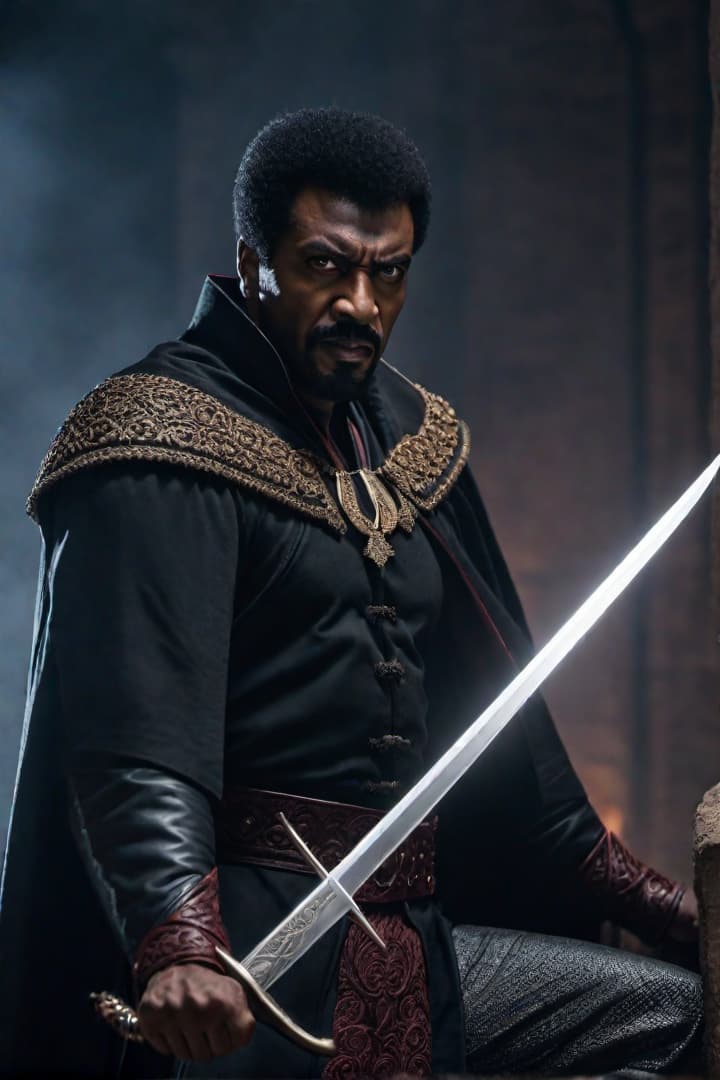  Show Blacula versus Blade hyperrealistic, full body, detailed clothing, highly detailed, cinematic lighting, stunningly beautiful, intricate, sharp focus, f/1. 8, 85mm, (centered image composition), (professionally color graded), ((bright soft diffused light)), volumetric fog, trending on instagram, trending on tumblr, HDR 4K, 8K