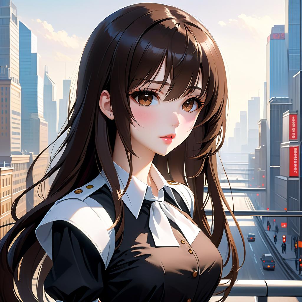  anime artwork beautiful , , oblique bangs, a mole under the lower lip in the middle of the chin. white skinned, European, brown eyes, long brown straight hair, side bangs, mole under the lower lip, slender figure, small neat s, dressed in a black dress with a white collar and white cuffs, full length, against the backdrop of a modern city. Skyscrs of Moscow City (photorealism, oil painting: 1.3), (full length shot: 1.3), charming , long flowing black hair, (large sensual mouth: 1.2), plump lips, sparkling brown eyes , narrow waist, (sensual drawing: 1.2), silvery glow, ethereal aura, detailed brushwork, intricate shadows and highlights, mysterious and captivating expression, unique color palette, masterf hyperrealistic, full body, detailed clothing, highly detailed, cinematic lighting, stunningly beautiful, intricate, sharp focus, f/1. 8, 85mm, (centered image composition), (professionally color graded), ((bright soft diffused light)), volumetric fog, trending on instagram, trending on tumblr, HDR 4K, 8K