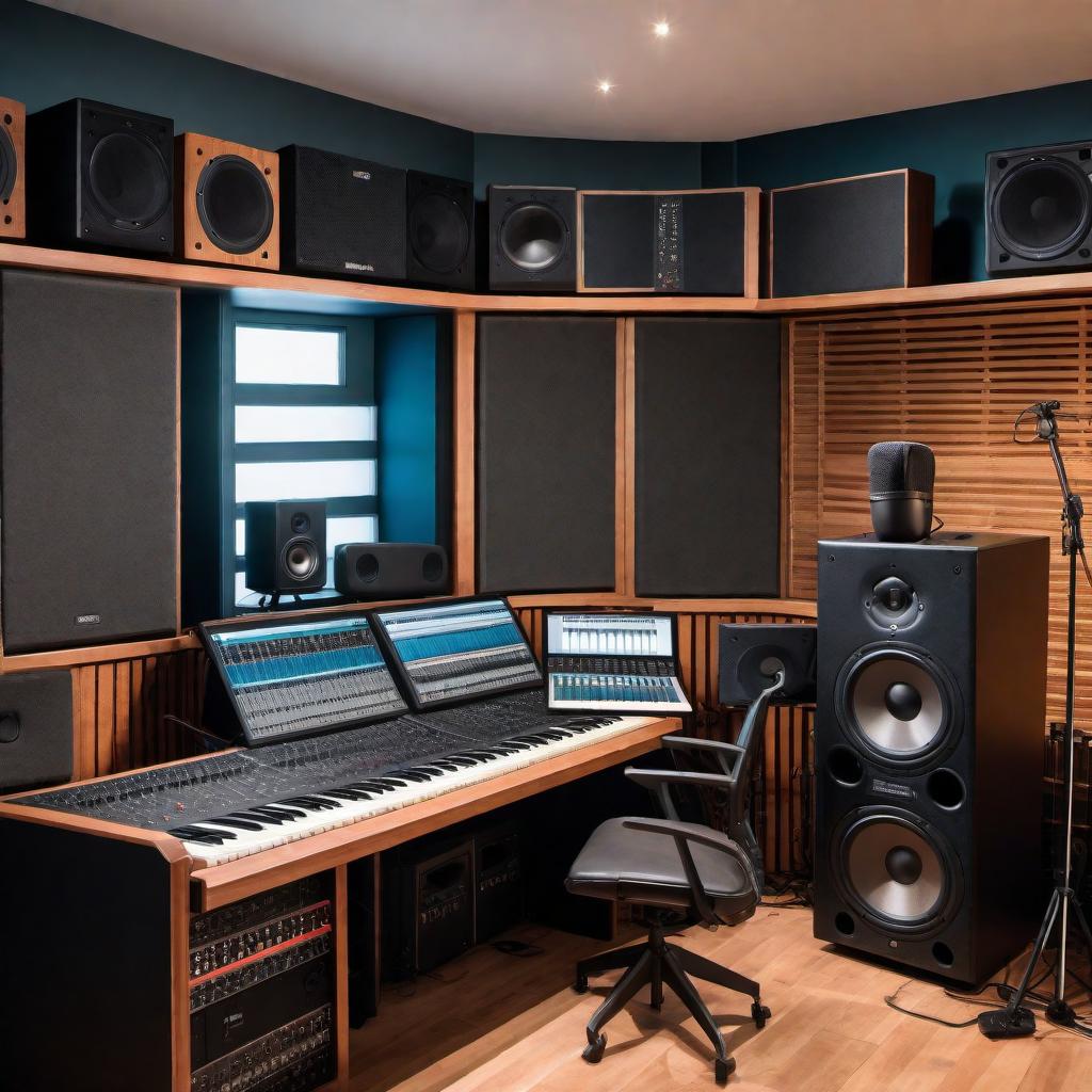  The interior of a small, low-budget recording studio. The space is compact and functional, with essential recording equipment. There's a mixing desk with basic audio controls, a computer, and a couple of monitors. The walls are lined with simple acoustic panels to reduce echo. A microphone is set up on a stand, and there are a couple of instruments like a guitar and keyboard. A small, slightly worn couch is against one wall for seating, and there are some cables and other recording accessories neatly arranged. The ambiance is practical and focused on efficiency. hyperrealistic, full body, detailed clothing, highly detailed, cinematic lighting, stunningly beautiful, intricate, sharp focus, f/1. 8, 85mm, (centered image composition), (professionally color graded), ((bright soft diffused light)), volumetric fog, trending on instagram, trending on tumblr, HDR 4K, 8K