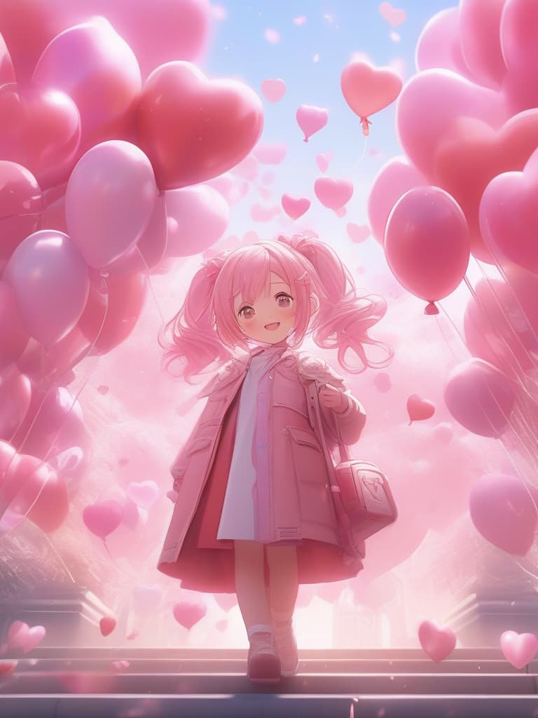  Masterpiece,one android girl,warrior for love,delicate shiny pink straight hair,eyes with delicate hearts,shining hearts,pink hearts,delicate gl body,body made of hair,pink gradient,pink shiny body,pink heart earphones,sprinkling hearts,💕💕,smiling,lots of balloons in hands,background park square,smiling,super high quality,super delicate,super analysis,16K phone,sprinkling hearts,💕💕,smiling,lots of balloons in hands,background park square,audience,smiling,super high quality,super delicate,super analysis,16K, masterpiece, best quality,8k,ultra detailed,high resolution,an extremely delicate and beautiful,hyper detail