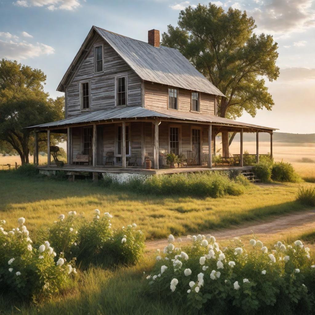  A picturesque farmhouse in Oklahoma. The farmhouse is a rustic, two-story building made of weathered wood and white trim. Surrounding the house are open fields with some scattered trees, and in the background, there are rolling hills. The farmhouse has a porch with a wooden rocking chair, and a vintage truck is parked nearby. The sky is blue with a few fluffy white clouds, and the sun is shining brightly, casting warm light over the scene. hyperrealistic, full body, detailed clothing, highly detailed, cinematic lighting, stunningly beautiful, intricate, sharp focus, f/1. 8, 85mm, (centered image composition), (professionally color graded), ((bright soft diffused light)), volumetric fog, trending on instagram, trending on tumblr, HDR 4K, 8K