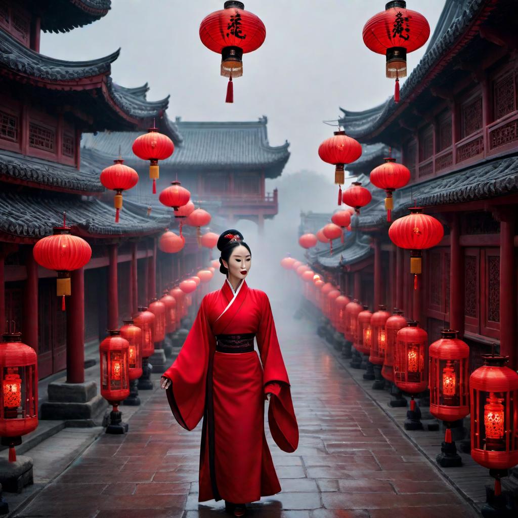  Zhang Yimou's classic film "Raise the Red Lantern." hyperrealistic, full body, detailed clothing, highly detailed, cinematic lighting, stunningly beautiful, intricate, sharp focus, f/1. 8, 85mm, (centered image composition), (professionally color graded), ((bright soft diffused light)), volumetric fog, trending on instagram, trending on tumblr, HDR 4K, 8K