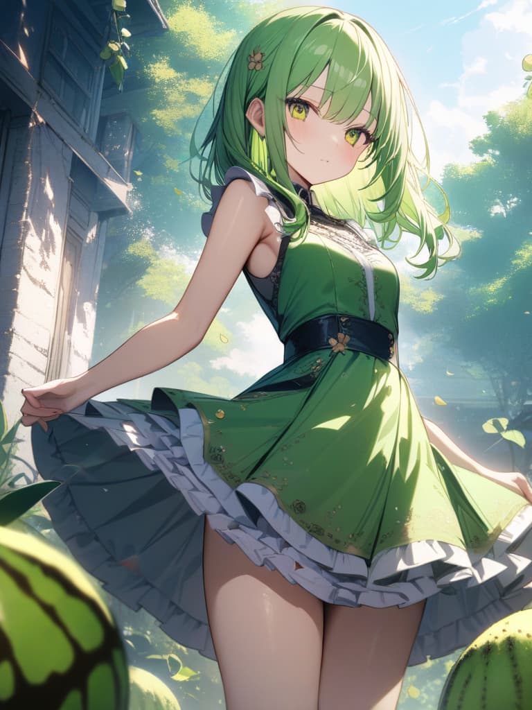  Cute, girl, long hair, thin body, kiwill fruit, kiwi decoration, yellow green eyes, yellow green hair, half twin tail, frill dress, medium hair, masterpiece, best quality,8k,ultra detailed,high resolution,an extremely delicate and beautiful,hyper detail