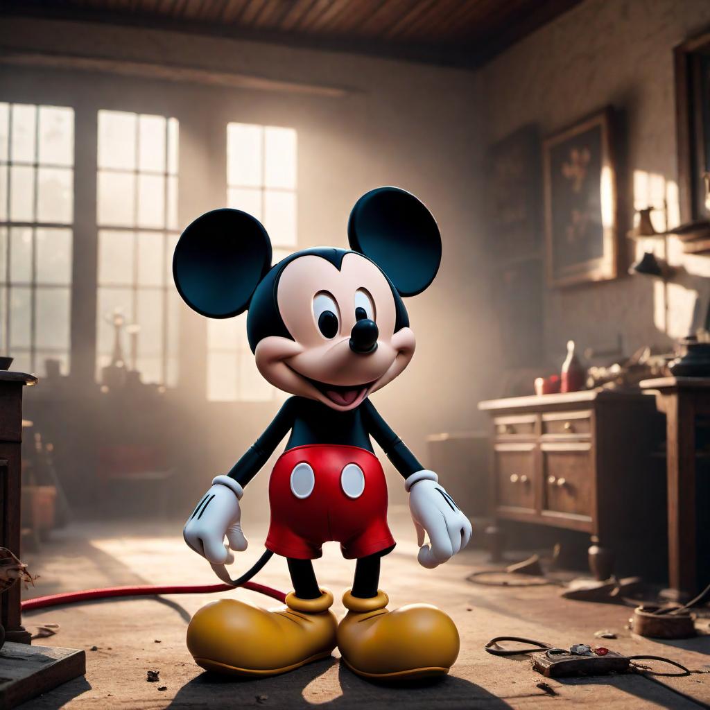  Mickey Mouse looking disheveled and tired in a dimly lit, messy house, with red eyes and an anxious expression on his face. hyperrealistic, full body, detailed clothing, highly detailed, cinematic lighting, stunningly beautiful, intricate, sharp focus, f/1. 8, 85mm, (centered image composition), (professionally color graded), ((bright soft diffused light)), volumetric fog, trending on instagram, trending on tumblr, HDR 4K, 8K