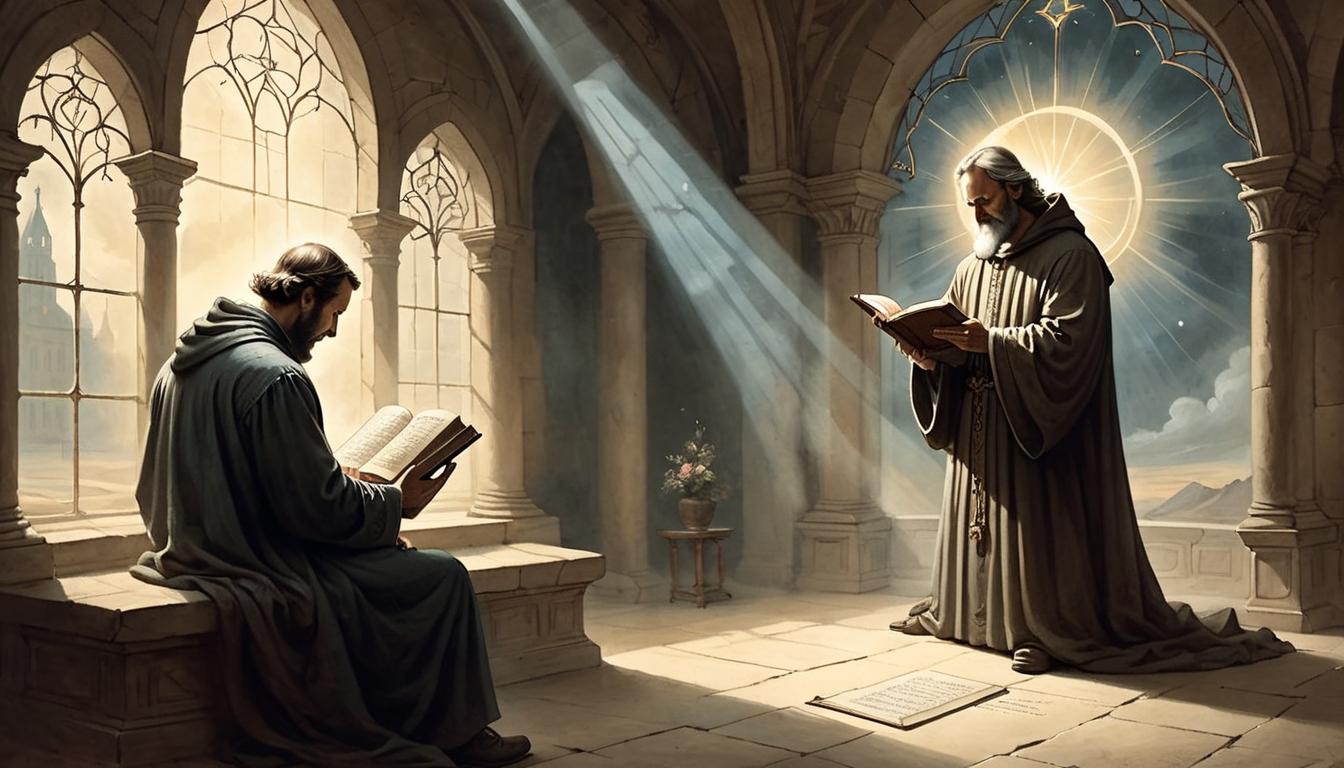  on parchment, surrealism+++, A solitary figure praying beside an open Bible, light streaming through a window, creating a halo effect, ambiance of reverence and spiritual connection(mysterious, provocative, symbolic,muted color)+++