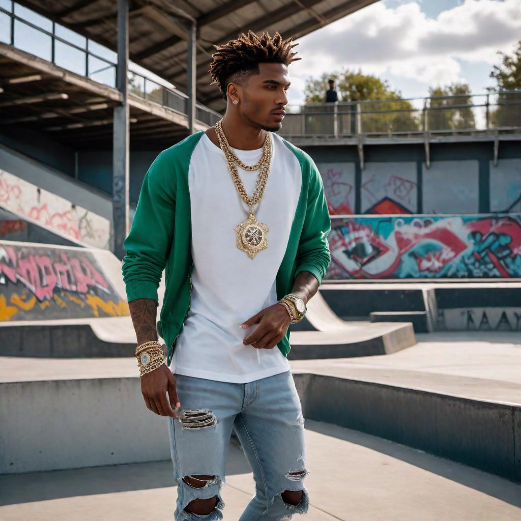  A male model at a skatepark wearing high-end diamond jewelry. The model is stylishly dressed in trendy streetwear fashion, with chains, rings, and a diamond-encrusted watch clearly visible. The skatepark has ramps, graffiti, and a chill urban vibe. hyperrealistic, full body, detailed clothing, highly detailed, cinematic lighting, stunningly beautiful, intricate, sharp focus, f/1. 8, 85mm, (centered image composition), (professionally color graded), ((bright soft diffused light)), volumetric fog, trending on instagram, trending on tumblr, HDR 4K, 8K