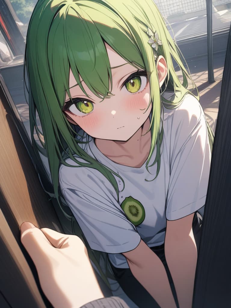  Cute, , yellow green eyes, yellow green hair color, kiwi decoration, kiwill fruit, uniform, vandal, white shirt, young face, green , tsundere, masterpiece, best quality,8k,ultra detailed,high resolution,an extremely delicate and beautiful,hyper detail