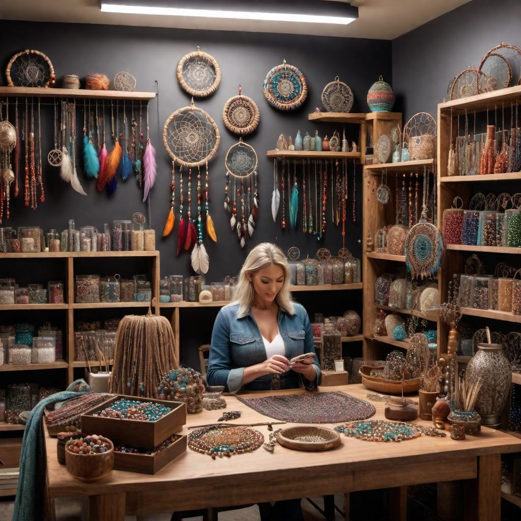  An image depicting a store or a creative workspace named 'Beads and Beyond.' The scene includes shelves filled with beads of various colors, sizes, and shapes, along with tools and materials for jewelry making. There is a section with handcrafted dreamcatchers, keychains, and other bead items. The atmosphere is inviting and artistic, with a cozy and well-organized layout. Customers are seen browsing and creating, embodying the joy of crafting and creativity. hyperrealistic, full body, detailed clothing, highly detailed, cinematic lighting, stunningly beautiful, intricate, sharp focus, f/1. 8, 85mm, (centered image composition), (professionally color graded), ((bright soft diffused light)), volumetric fog, trending on instagram, trending on tumblr, HDR 4K, 8K