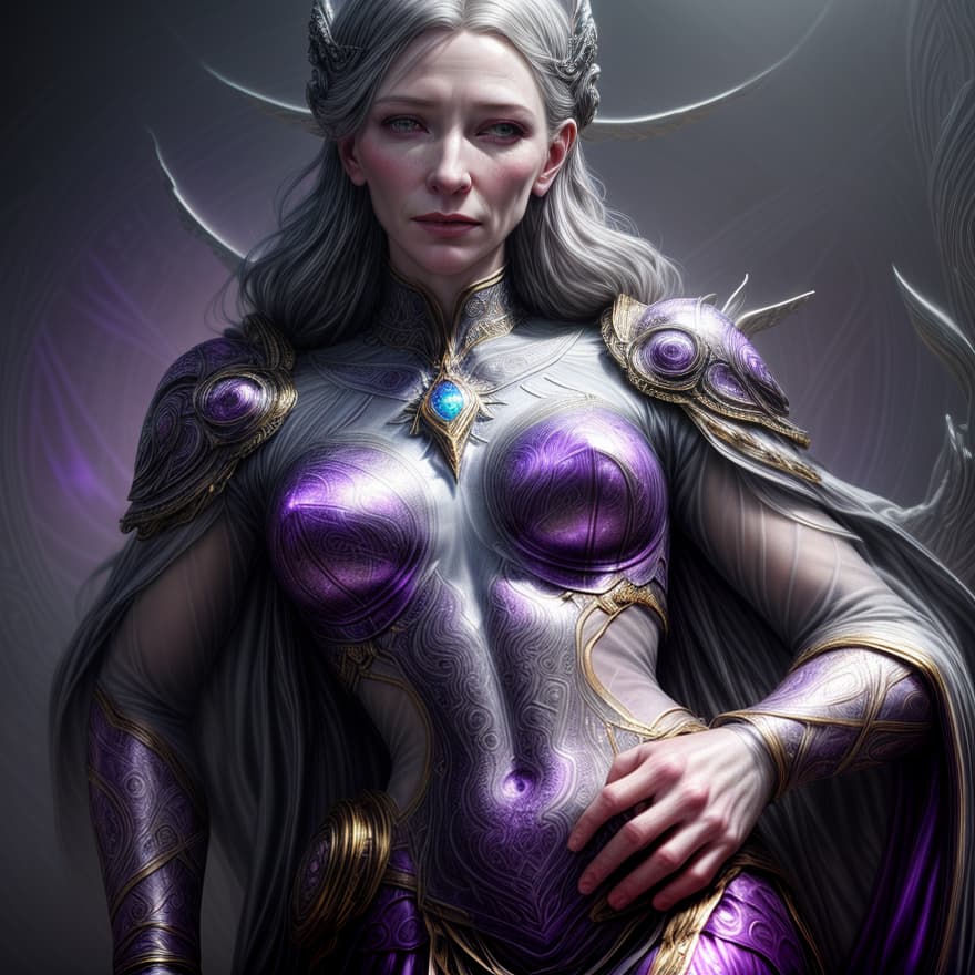  Cate Blanchett as a one goddess, 1 character, from sky, from heaven, A hyper realistic opal statue of Greek goddesses of dreams ((Oneiros)) Athena with colourful, sharp purple detailed, metallic carvings purple, (((blurred gray background))) in the style gods, Hyperdetailed photorealism, 108 megapixels, purple amazing depth, glowing rich colors, powerful imagery, psychedelic, cinematic lighting, artstation concept art, smooth, sharp focus, illustration, art by John Collier and 8k, an epic fantasy, Digital art. Highly detailed. Octane render. beautiful light, Ultra detailed, realistic, surreal, 8k, cinematic, ultra realistic