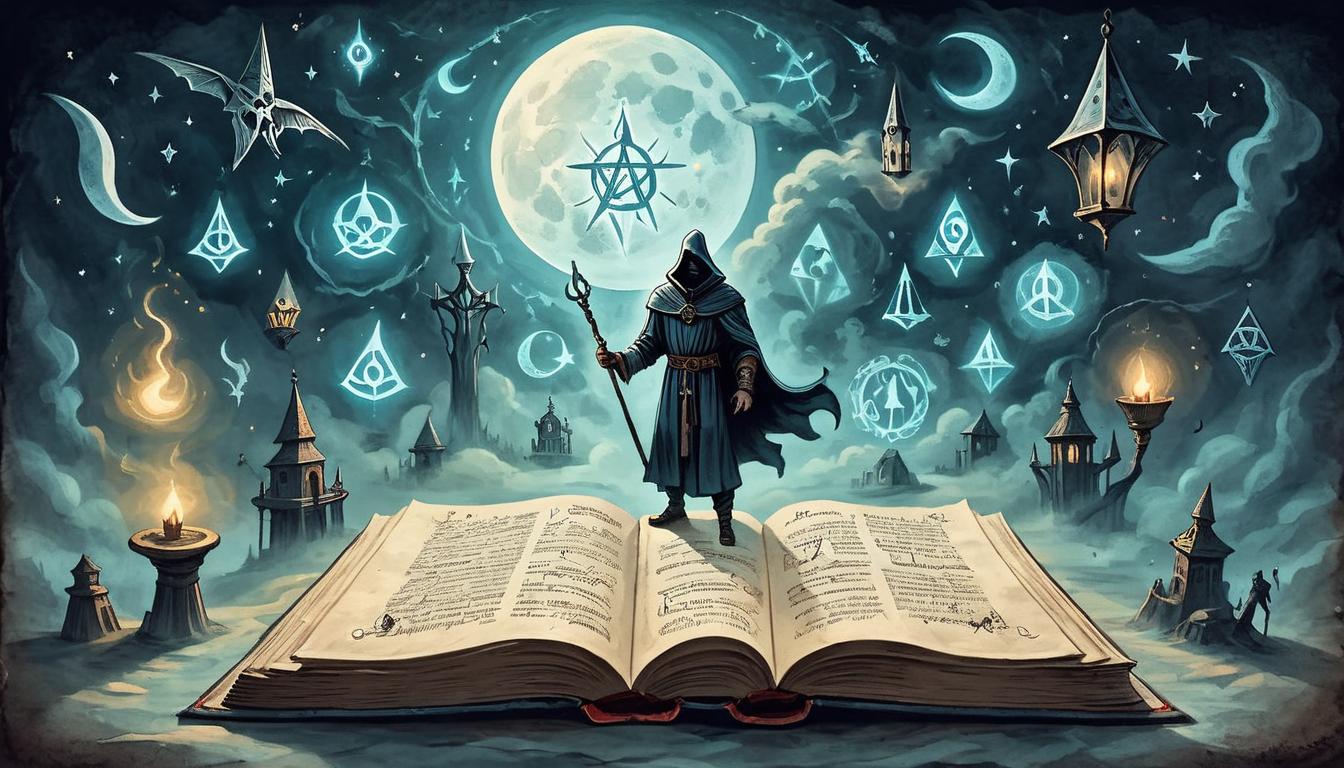  on parchment, surrealism+++, A figure with an open book of spells, characters glowing, arcane symbols floating in air, moonlight casting long shadows, mystical, arcane, learning(mysterious, provocative, symbolic,muted color)+++