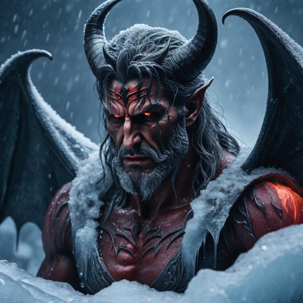  A closeup of the devil from Dante’s Inferno with frozen tears. The devil, a massive, grotesque figure of Lucifer, showing his sorrowful face with large, frozen tears streaming down his cheeks. His expression is one of ultimate despair and hopelessness. The backdrop is icy with eerie light reflecting off frozen surfaces, casting a chilling glow. hyperrealistic, full body, detailed clothing, highly detailed, cinematic lighting, stunningly beautiful, intricate, sharp focus, f/1. 8, 85mm, (centered image composition), (professionally color graded), ((bright soft diffused light)), volumetric fog, trending on instagram, trending on tumblr, HDR 4K, 8K