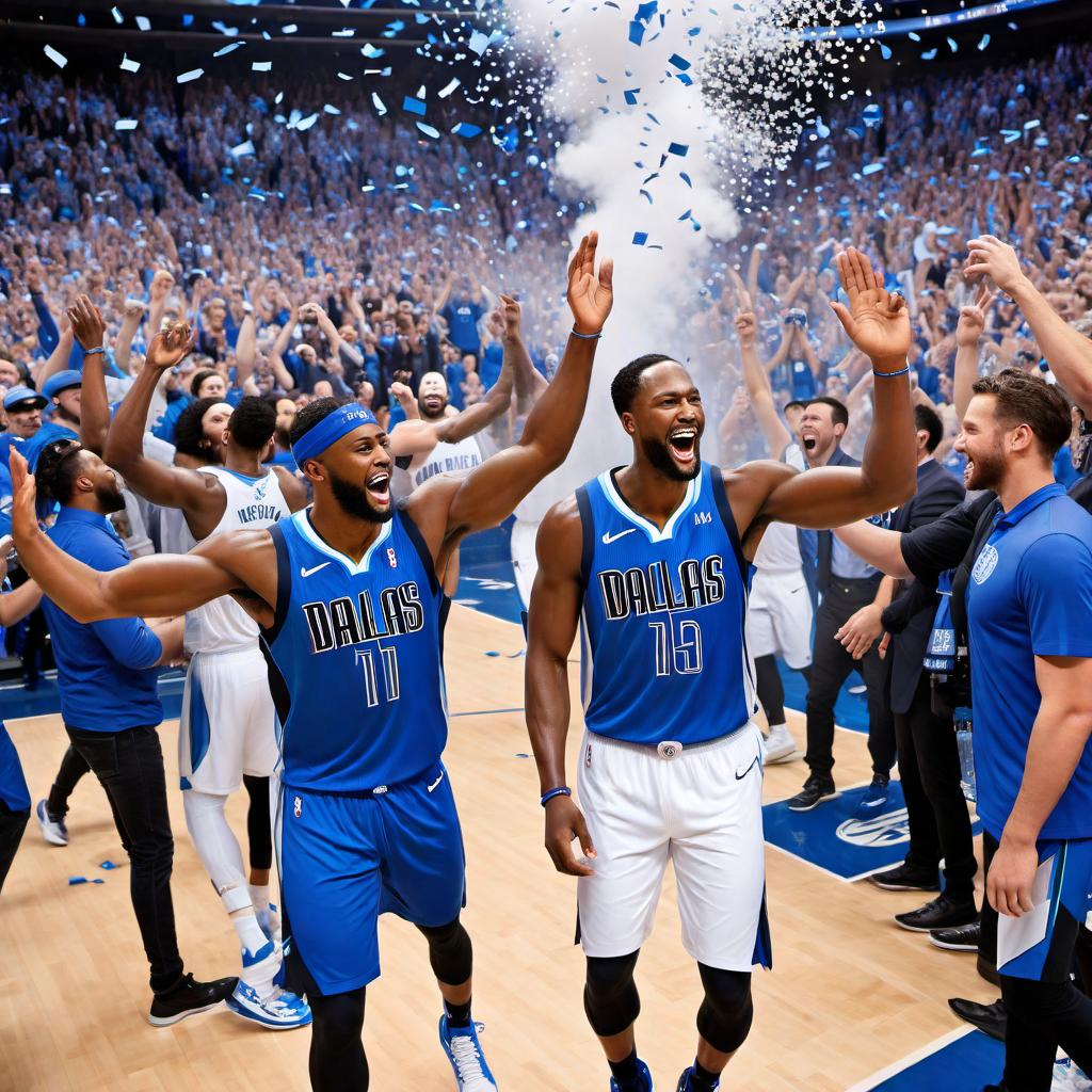  An exciting, vibrant image celebrating the Dallas Mavericks' win tonight. The scene should be filled with Mavericks players in their iconic blue and white uniforms, cheering and high-fiving each other on the basketball court. The background should show fans jubilantly celebrating in the stands with confetti falling from above, and the scoreboard indicating the victory. The atmosphere should be electric, capturing the joy and energy of the win. hyperrealistic, full body, detailed clothing, highly detailed, cinematic lighting, stunningly beautiful, intricate, sharp focus, f/1. 8, 85mm, (centered image composition), (professionally color graded), ((bright soft diffused light)), volumetric fog, trending on instagram, trending on tumblr, HDR 4K, 8K