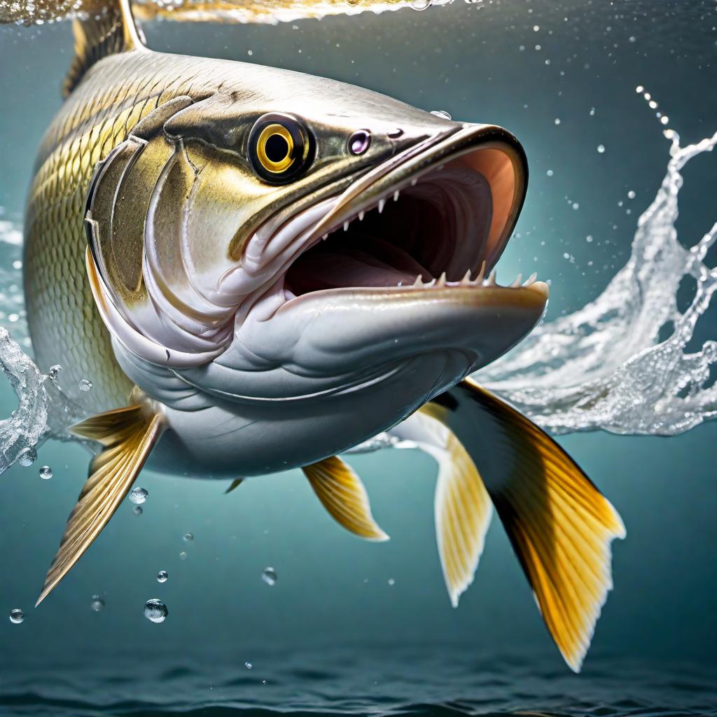  A realistic depiction of a snook fish emerging from the water, creating splashes as it leaps out to catch some bait. The scene should capture the dynamic motion of the water and the action of the snook, with its mouth open and eyes focused on the bait. The bait should be partially out of the water, with droplets of water around it hyperrealistic, full body, detailed clothing, highly detailed, cinematic lighting, stunningly beautiful, intricate, sharp focus, f/1. 8, 85mm, (centered image composition), (professionally color graded), ((bright soft diffused light)), volumetric fog, trending on instagram, trending on tumblr, HDR 4K, 8K